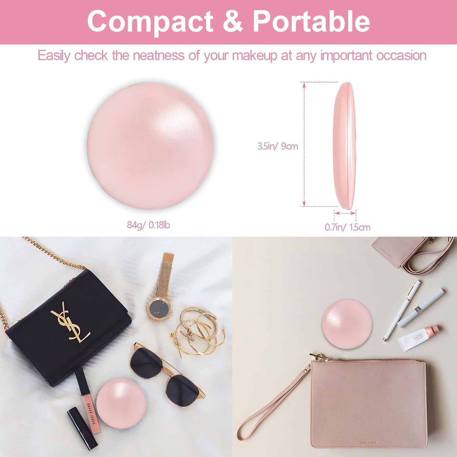 Compact Mirror – 1X/10X Magnifying Travel LED Makeup Mirror, Portable Foldable Small Pocket Mirror for Handbag Purse